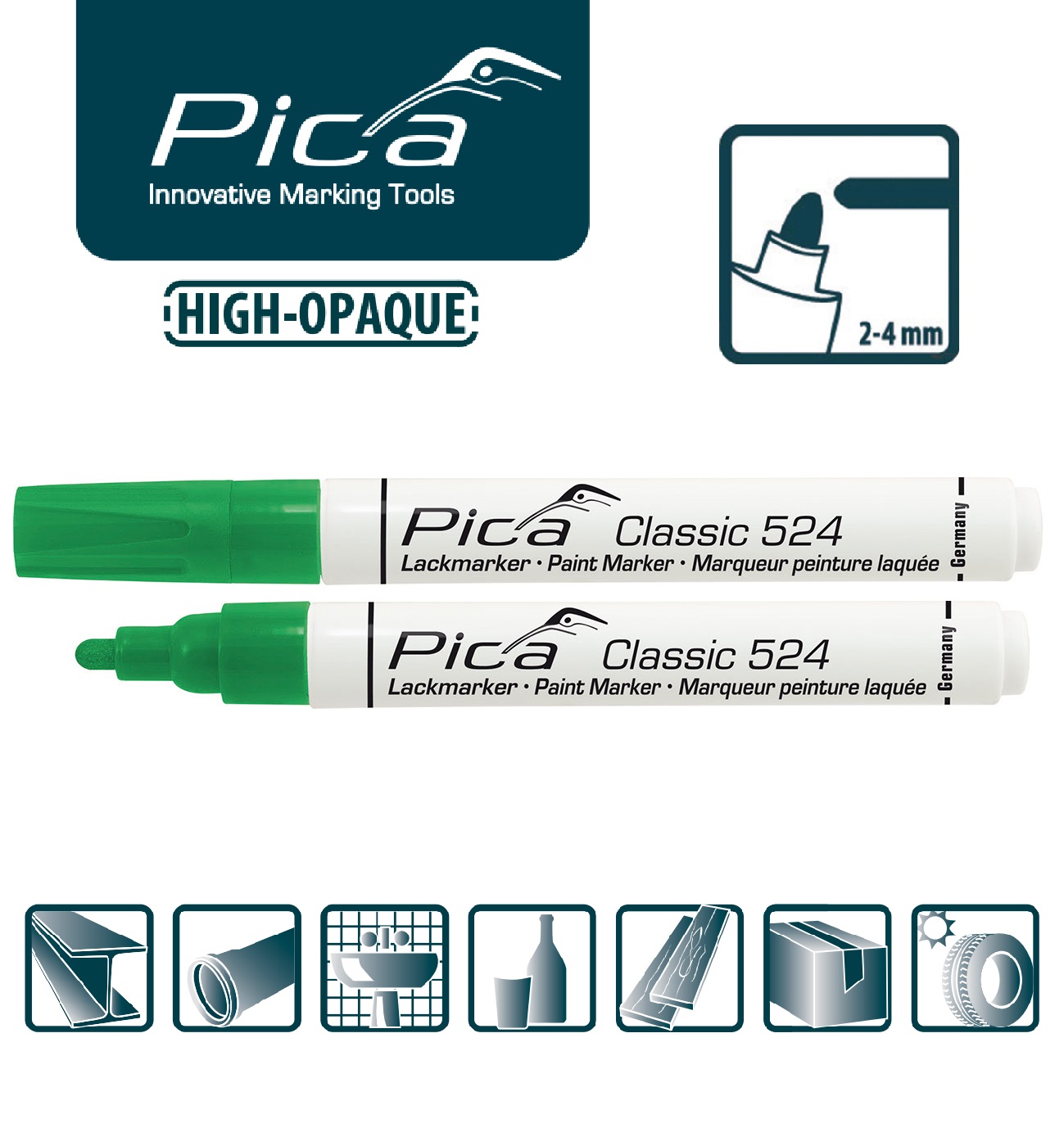 Маркер на основе краски промышленный зеленый PICA Classic Industry 524/36