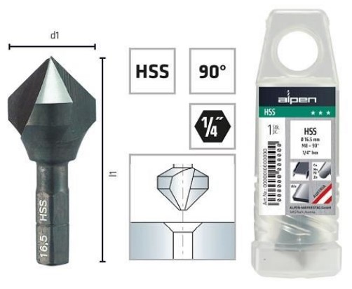 Зенковка с шестигранным хвостовиком 1/4" ALPEN HSS 90°