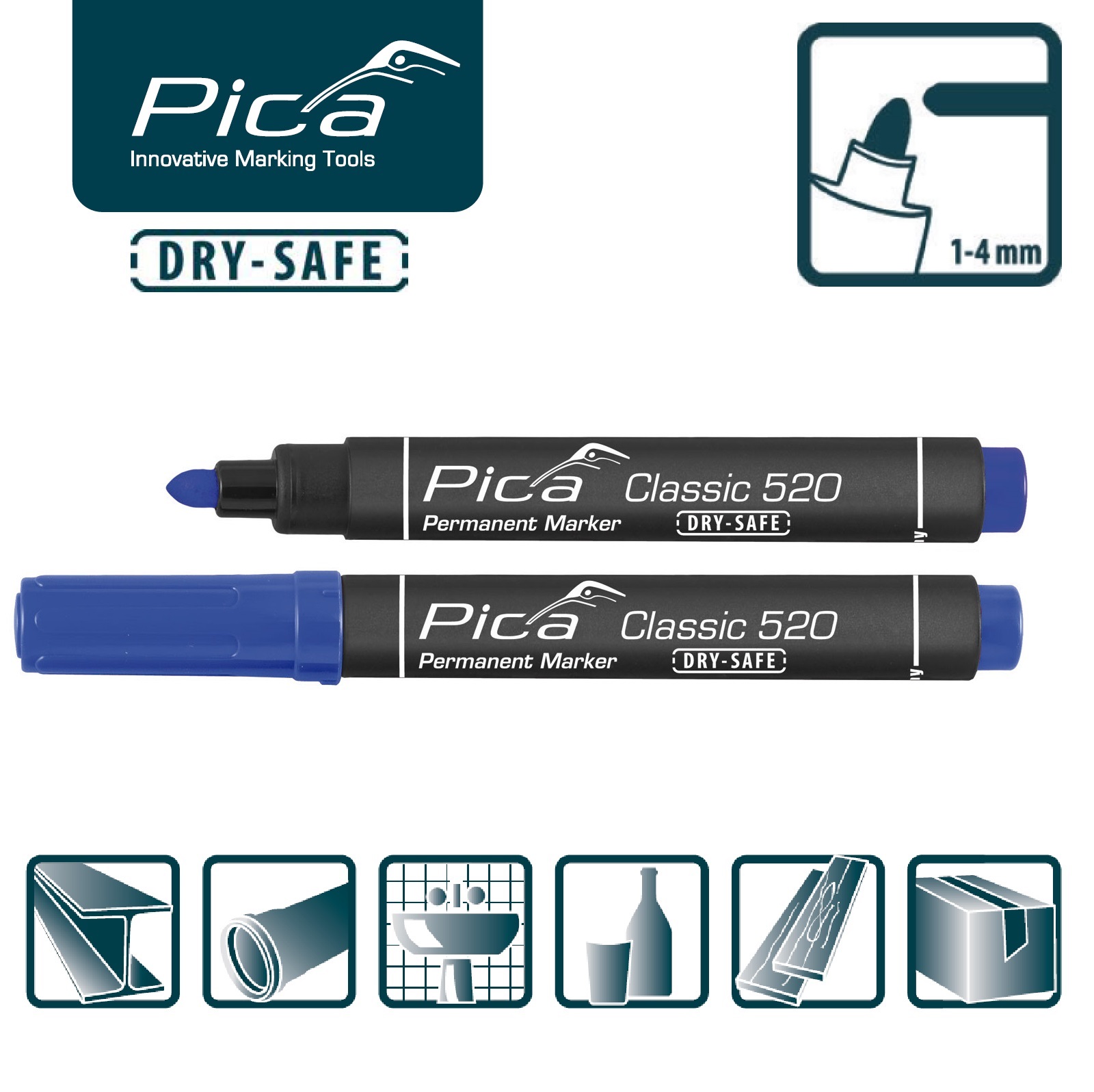 Маркер перманентный синий PICA Classic 520