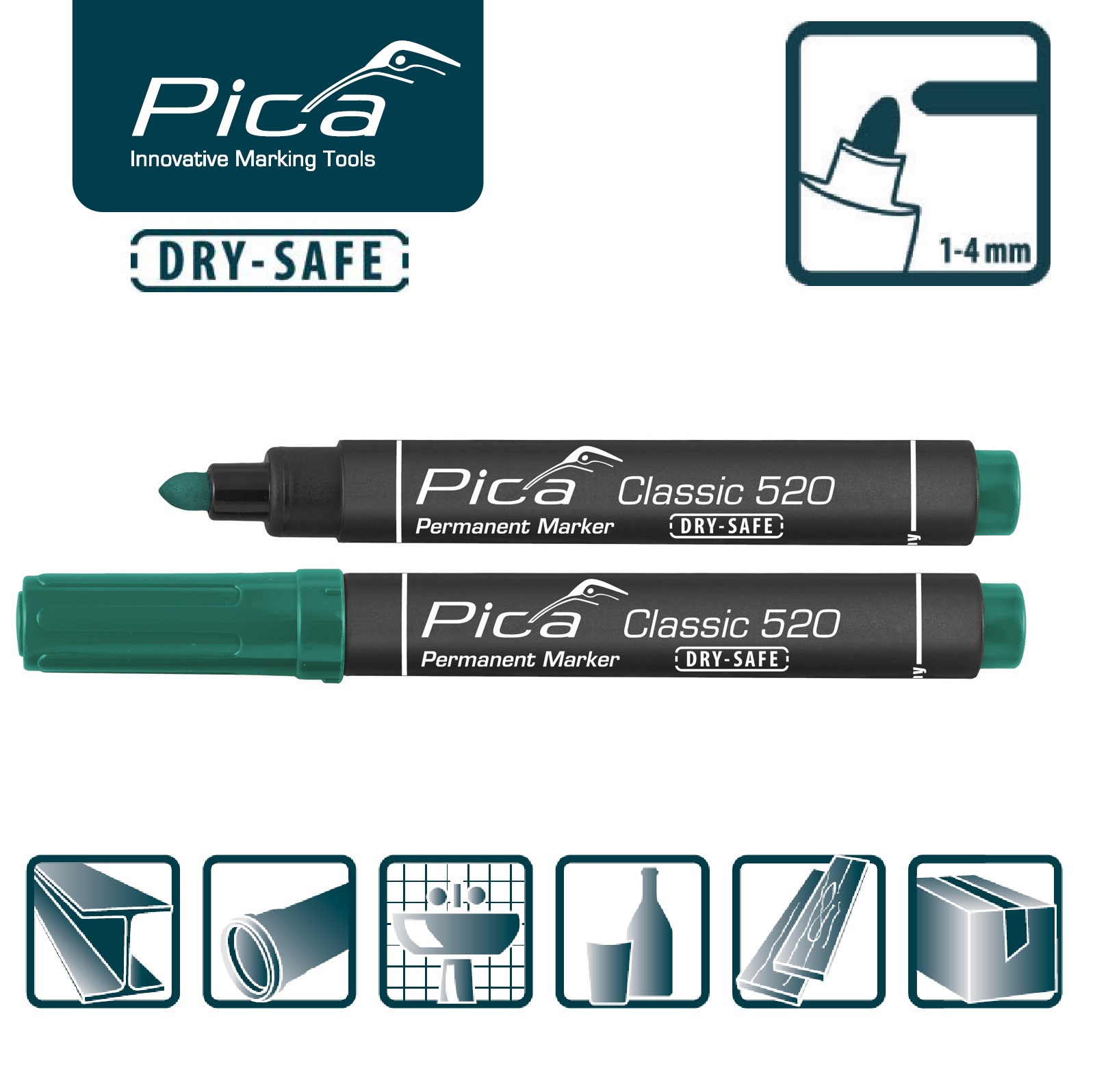 Маркер перманентный зеленый PICA Classic 520